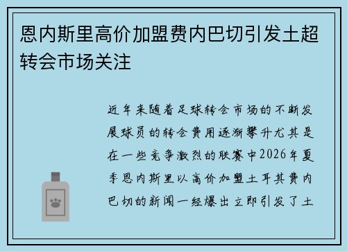 恩内斯里高价加盟费内巴切引发土超转会市场关注 恩内斯里高价加盟费内巴切引发土超转会市场关注