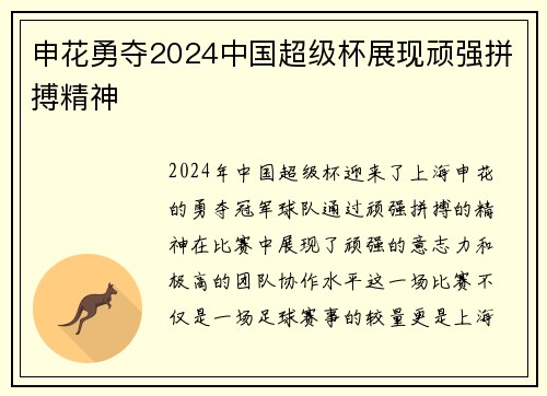申花勇夺2024中国超级杯展现顽强拼搏精神